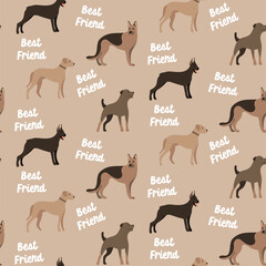 Dogs shepherd doberman rottweiler ridgeback dog seamless repeat pattern. natural. gender neutral. earth tones. beige, brown. cute pet puppy.