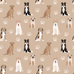 Dogs pug, akita, border collie, ridgeback, beagle dog seamless repeat pattern. natural. gender neutral. earth tones. beige, brown. cute pet puppy.