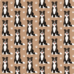 Dogs border collie dog seamless repeat pattern. natural. gender neutral. earth tones. beige, brown. cute pet puppy.