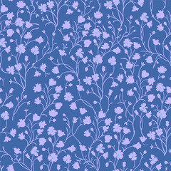 Spring floral pattern of purple flowers on a blue background.
