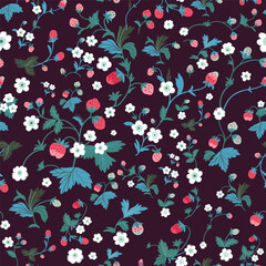 A pattern with flowers, berries and leaves of wild strawberries. Vector seamless texture illustration for summer cover, botanical wallpaper pattern, dark purple background.