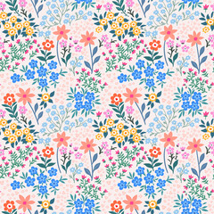 Seamless pattern. Vector flower design with cute wildflowers. Romantic abstract floral pattern on pale pink background. Illustrations of spring nature with red, blue and pink flowers.
