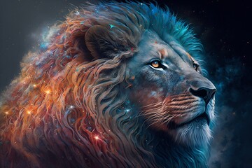 Naklejka premium A close up of a lion on a black background, an airbrush painting, fantasy art, red blue and gold color scheme by Generative AI