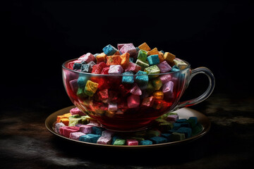 Obraz na płótnie Canvas steaming cup of tea with a colored sugar cubes. generative AI