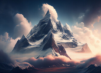 Sunset Serenade: A Mesmerizing Vista of Snow-Draped Mountain Peaks and Celestial Clouds Amidst the Fading Light before it Gets Dark