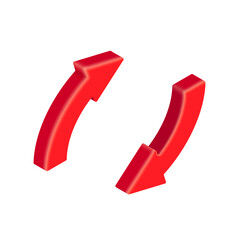 3D red circle arrows. Vector isometric round reload, refresh arrow icon isolated on white background. 3D design element for app, web, advert.