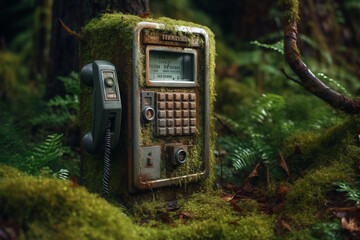 moss-covered payphone in a lush forest. generative AI - obrazy, fototapety, plakaty