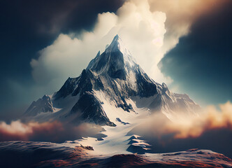 Fototapeta na wymiar Sunset Serenade: A Mesmerizing Vista of Snow-Draped Mountain Peaks and Celestial Clouds Amidst the Fading Light before it Gets Dark