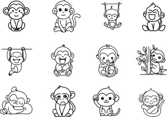 Set of Cute monkey line art illustration