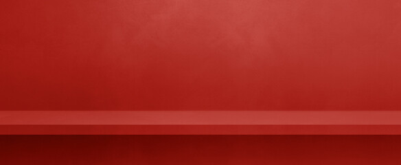 Empty shelf on a red concrete wall. Background template. Horizontal banner mockup
