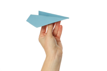 Female hand with paper plane isolated on white background