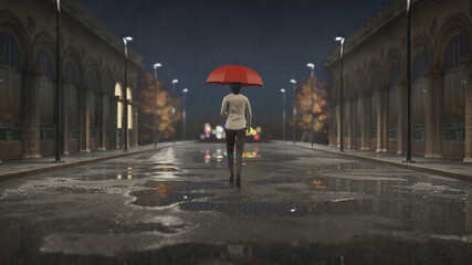 Girl with umbrella walking on the street at rain 3d render