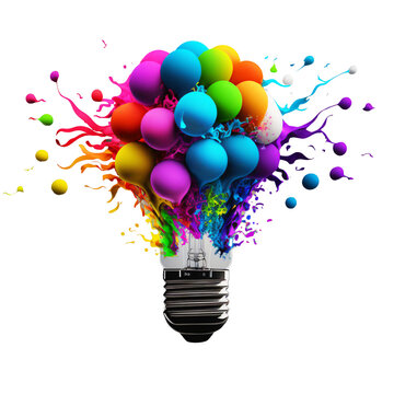 a colorful idea lightbulb with balloons, isolated design element on transparent background, visualization of brainstorming, bright idea and creative thinking, generative ai