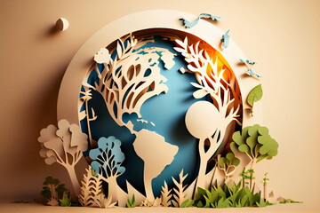 A paper cut out of a world map with trees and butterflies an ecology concept