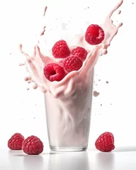 Fototapeten Fresh delicious raspberry, falls into a long glass of milkshake yogurt,  white background, sprinkling effect © fotogurmespb