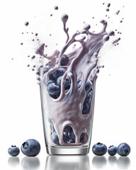 Fresh delicious wild blueberry, falls into a long glass of yogurt, isolated on a white, background, sprinkling effect