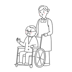 車椅子に乗る老人男性と介護士の女性　線画