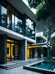 Photo of a contemporary house with a stunning pool in the foreground - obrazy, fototapety, plakaty