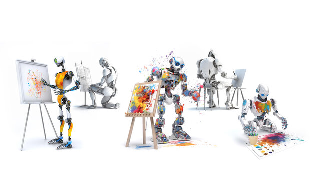 robot drawing image, art, working team creative on white background