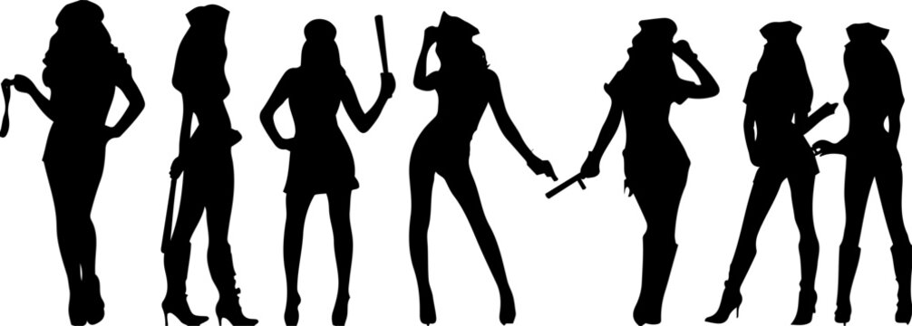 Sultry Silhouettes: Sketches Of Female Cops In Vector. Sexy Law Enforcement: Vector Silhouettes Of Female Cops