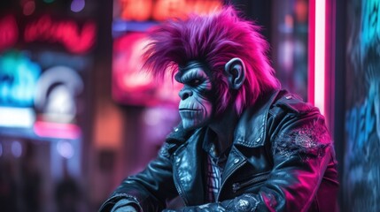 Fototapeta na wymiar Sad ape emotionally drained and depressed, sitting lonely and neglected outside cyberpunk city streets, masculine and tough but has broken heart - generative AI