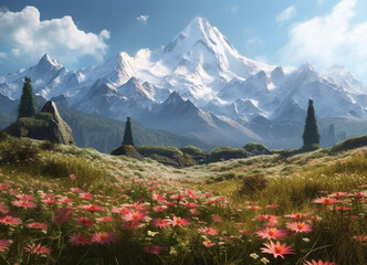Floral Fantasy: A Beautiful View of Blossoming Flower Fields with the Majestic Mountains Standing Guard in the Distance Preserving Nature Beauty with Beautiful Mix of Colors