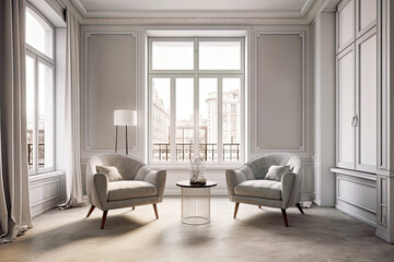 Fototapeta na wymiar Bright stylish living room with two armchairs, Generative AI