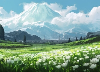 Floral Fantasy: A Beautiful View of Blossoming Flower Fields with the Majestic Mountains Standing Guard in the Distance Preserving Nature Beauty with Beautiful Mix of Colors