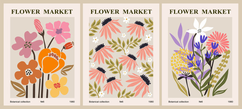 Set of abstract Flower Market posters. Trendy botanical wall arts with floral design in danish pastel colors. Modern naive groovy funky hippie interior decorations, paintings. Vector art illustration.