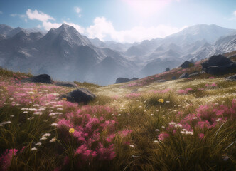 Obraz premium Floral Fantasy: A Beautiful View of Blossoming Flower Fields with the Majestic Mountains Standing Guard in the Distance Preserving Nature Beauty with Beautiful Mix of Colors