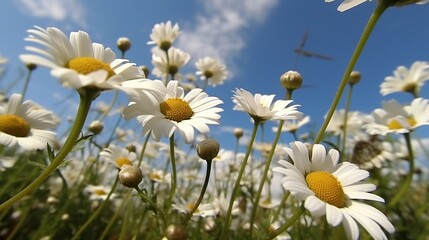 Fototapeta premium Wide angle daisies from view below on sky background. Autumn background flower illustration. Modern botanical banner. Blue background.