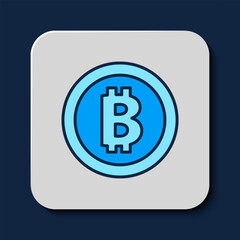 Filled outline Cryptocurrency coin Bitcoin icon isolated on blue background. Physical bit coin. Blockchain based secure crypto currency. Vector