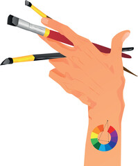 The hand with brushes and tattoo with color gradient