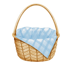 Watercolor brown basket and blue fabric.	