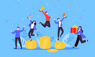 People standing on the money podium rank first three places, jumps in the air with trophy cup. Employee recognition and competition award winner business concept flat style design vector illustration.