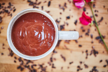 Is there anything more yummy than chocolate. a freshly made chocolate snack in a cup on a table.