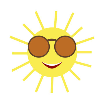 Yellow sun with long rays and a wide smile, in brown, round glasses, close-up, isolated, on a transparent and white background. Element for design decoration Vector illustration, image, graphic design