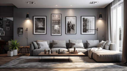Fototapeta na wymiar Modern minimalistic living room design. Generative AI