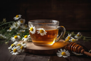 cozy cup of chamomile tea with honey on a rustic wooden table, generative AI