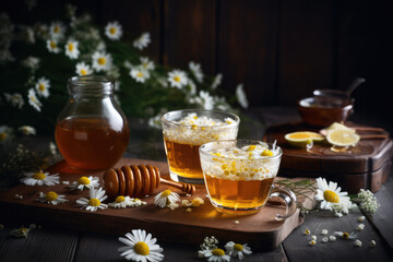 cozy cup of chamomile tea with honey on a rustic wooden table, generative AI