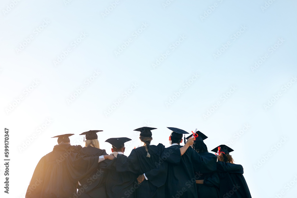 Sticker Our journey will be filled with greatness. Rearview shot of a group of university students standing together on graduation day.