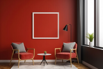 Mockup canvas frame in red waiting room for clients, white armchairs and coffee table. Office waiting zone for people, seats and lamp with table near window, 3D rendering no people, generative AI