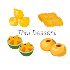Set of traditional Thai dessert made of yolk egg and sugar, food for ceremony, wedding and housewarmings. Thai food Vector drawing on white background, sweet menu