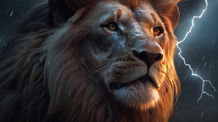 Portrait of a big male lion in the dark forest.generative ai