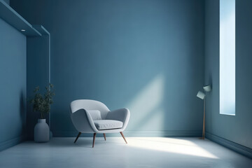 Modern minimalist interior with an armchair on empty blue wall background.3D rendering, generative AI