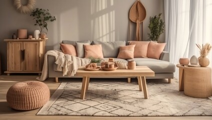 Cozy living room interior design with stylish sofa, coffee table, dired flowers in vase, rug, decoration, pillows, plaid and personalized accessories in modern home decor. generative ai variation 8