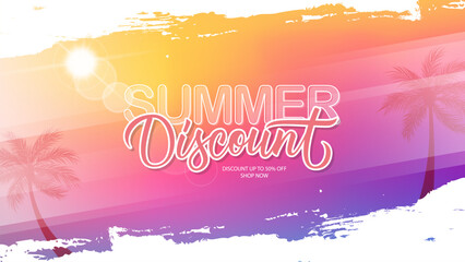 Summer Discount promotional banner. Summertime Sale commercial background with hand lettering, summer sun and palm trees for seasonal shopping and sale advertising. Vector illustration. - obrazy, fototapety, plakaty