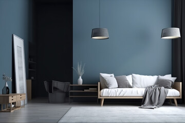 The Mock up frame canvas and furniture design in modern interior background, Elegant living room, Scandinavian style, Blue wall background, 3D render, 3D illustration, generative AI