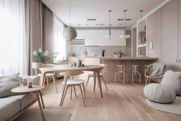 Warm pastel white and beige colors are used in the interior design of the spacious, cheerful studio apartment in the Scandinavian style. Modern touches in the kitchen and fashionable, generative AI