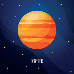 Cartoon Jupiter planet for kids education. Solar system planets on the sky with stars. Astronomy cosmic galaxy space.  © a.yaskova